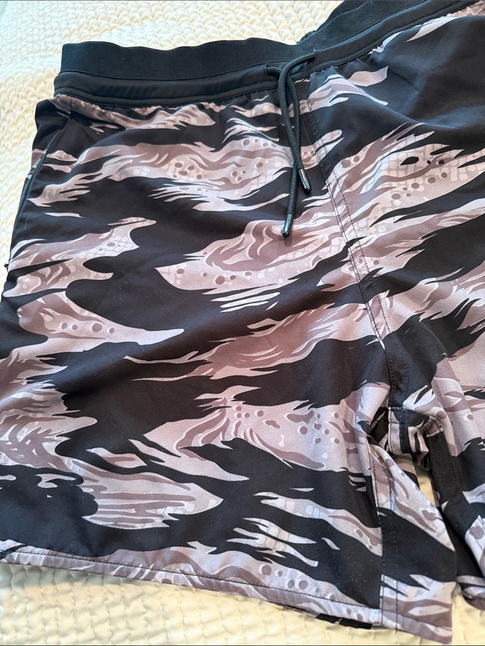 Men's Black and Gray Camo Swim Board Shorts with Drawstring Waist